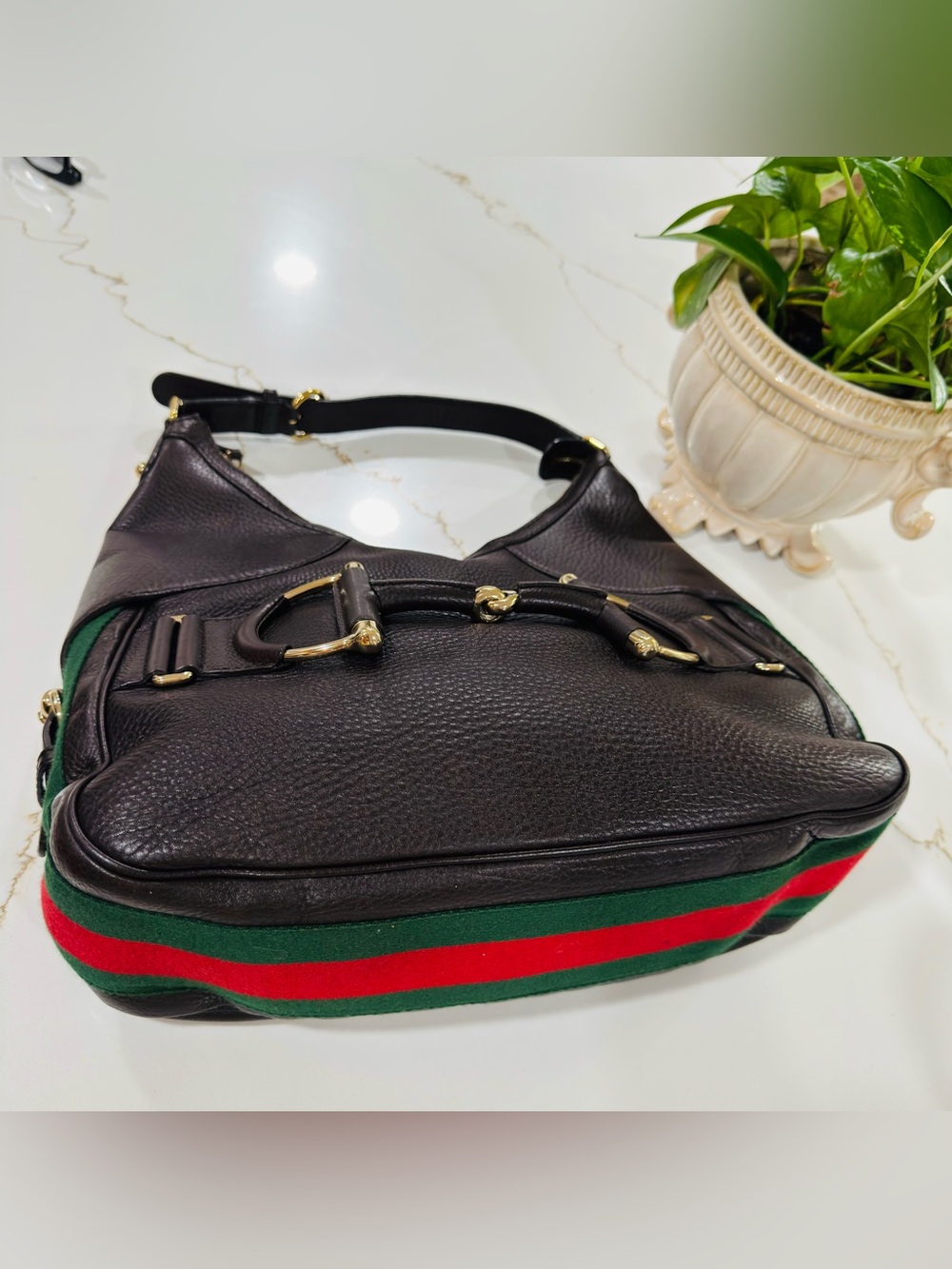 GUCCI Heritage Horsebit Hobo Brown Leather Shoulder Bag with Sherry Line - Picture 6 of 16